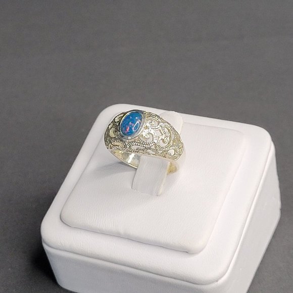 925 Silver Blue Opal Oval Shape Stone Fashion Dome Ring Filigree Size 8 1/2 - Picture 3 of 7